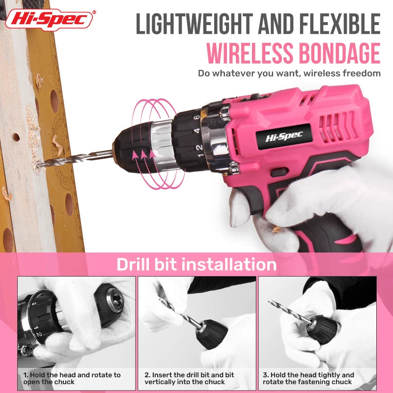 Pink Cordless Electric Screwdriver Kit with Drill Bits