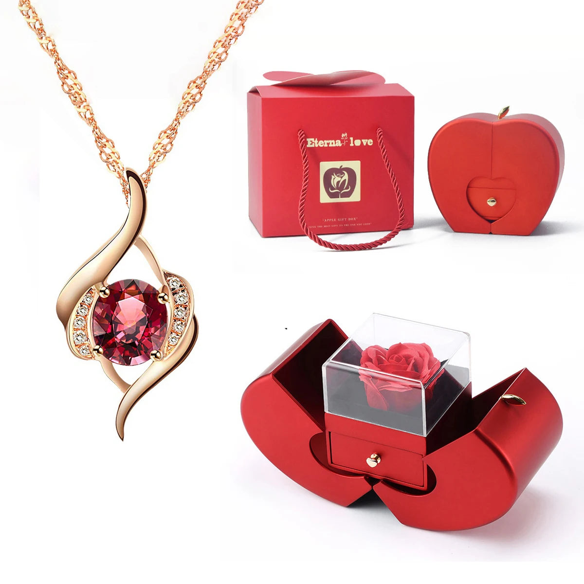 Rose Gold Red Zircon Pendant Necklace Gift Set