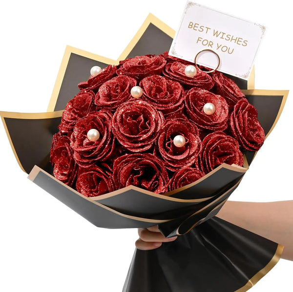 Red Glitter Rose Bouquet Set — Artificial Roses for Valentine's Day