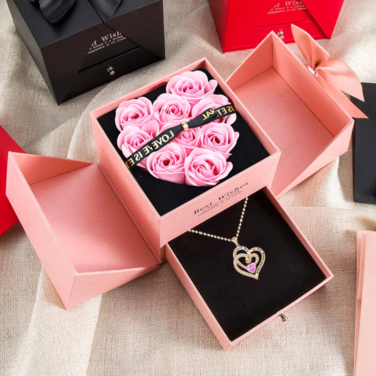 Heart Zircon Pendant Necklace with Rose Bow Gift Set