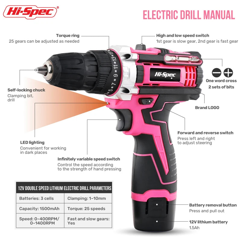 Pink Cordless Electric Screwdriver Kit with Drill Bits