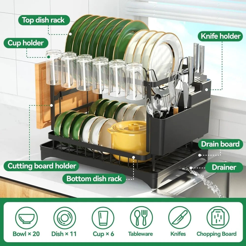 2-Tier Stainless Steel Dish Drying Rack with Drainboard