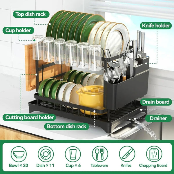 2-Tier Stainless Steel Dish Drying Rack with Drainboard