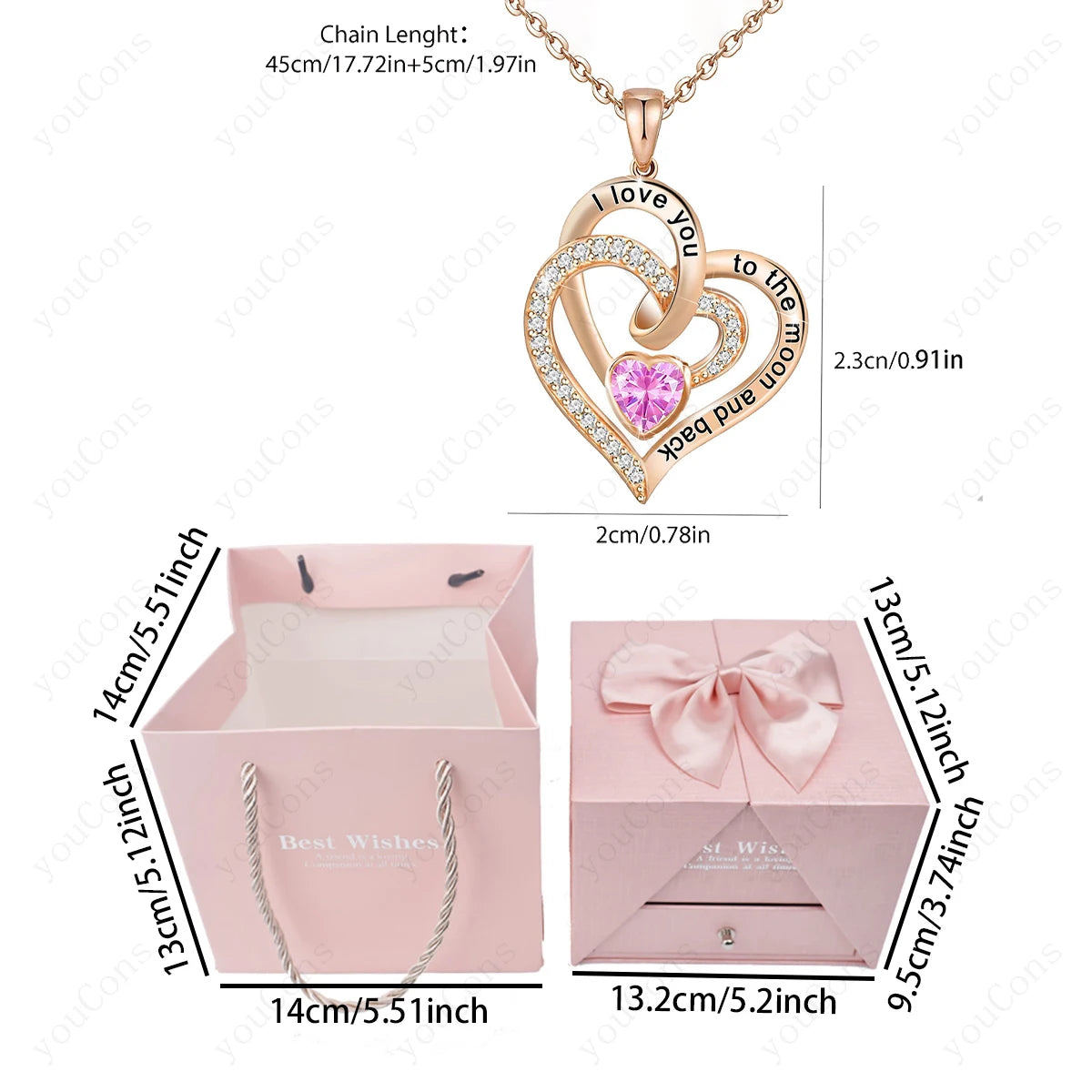 Heart Zircon Pendant Necklace with Rose Bow Gift Set