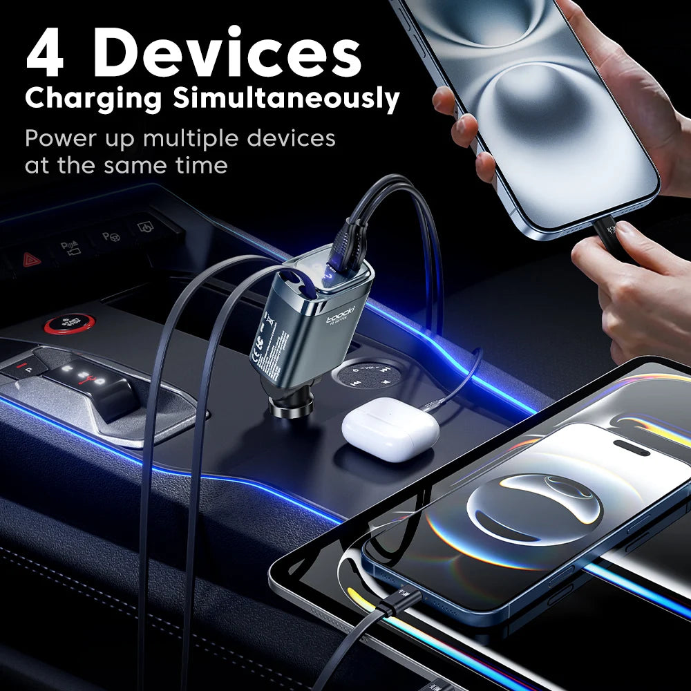 105W USB-C Car Charger with Retractable 4-in-1 Cable – 5