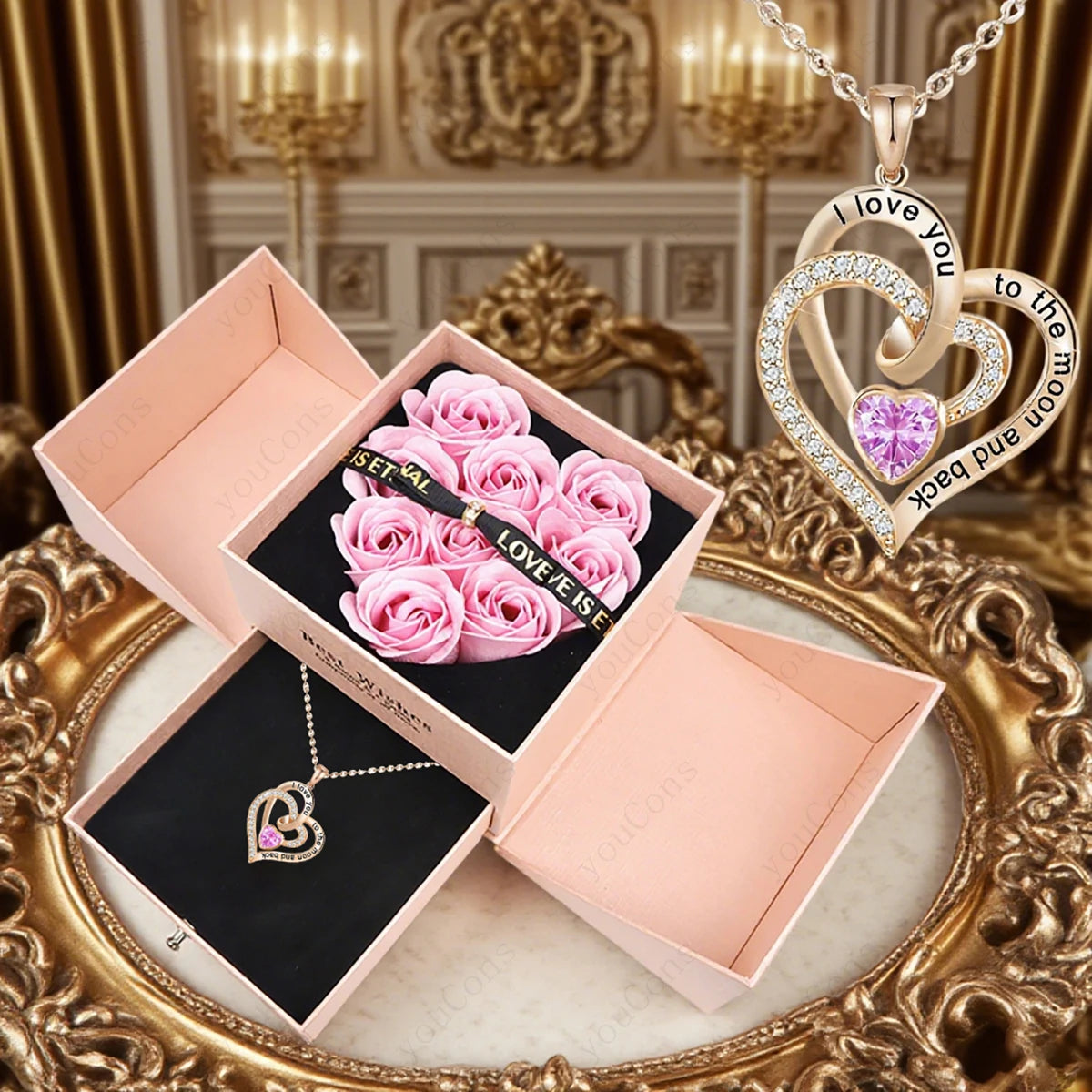 Heart Zircon Pendant Necklace with Rose Bow Gift Set
